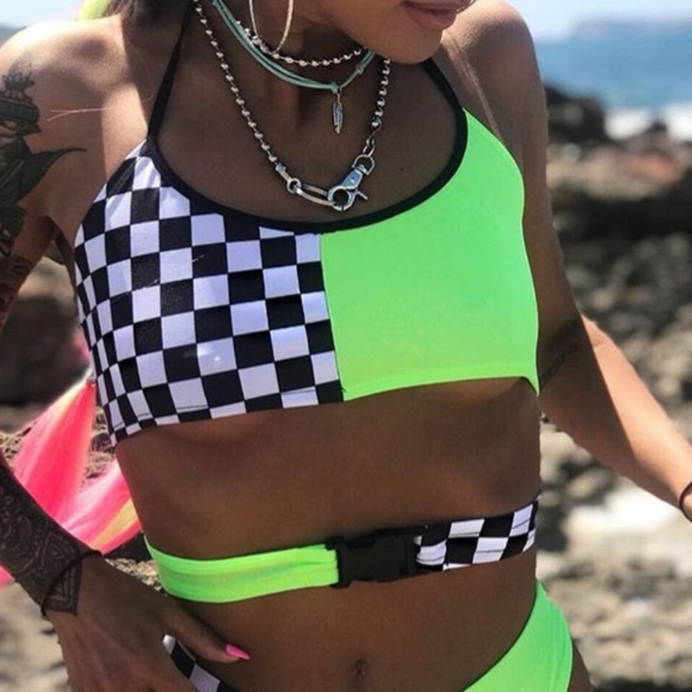 Go guy green checkered halter wrap top